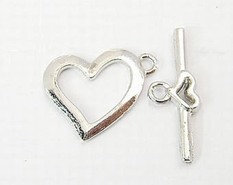 5 sets, 15x19mm, Metal Alloy Bar & Ring Toggle Clasps, Heart  in Silver