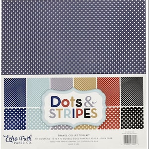 Puede incluir: Un kit de manualidades con papeles estampados. El kit incluye 12 papeles de doble cara de 30,5 x 30,5 cm con lunares y rayas en varios colores. El kit es de Echo Park Paper Co.