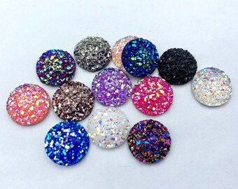 20pcs, 12mm Resin Cabochons, Imitation Druzy Agate, Flat Round, AB Color Plated