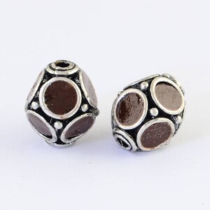 2pcs, 13x11mm, Round Handmade Indonesia Beads, with Rhinestones and Alloy Cores, Antique Silver, Coconut Brown