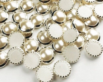 5 peças, cabochão com moldura Swarovski genuíno, parte traseira lisa, hotfix, em moldura de prata pérola branca