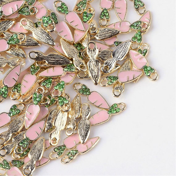 2pcs/5pcs, 17.5x5.5x2mm,  Carrot Alloy Rhinestone Enamel Pendants, Pink