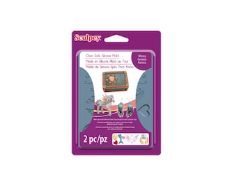 May include: A package of two oven-safe silicone molds for making jewelry. The molds are blue and feature a unicorn, a heart, a pair of earrings, and a small treasure chest. The package is purple and says "Sculpey" and "Whimsy Fantasia".