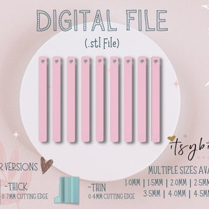 May include: Digital file download of eight pink .stl files for a heart-shaped cutter in various sizes. The cutter is available in two versions: thick (0.7 mm cutting edge) and thin (0.4 mm cutting edge). The sizes available are 1.0 mm, 1.5 mm, 2.0 mm, 2.5 mm, 3.0 mm, 3.5 mm, 4.0 mm, 4.5 mm, and 5.0 mm.