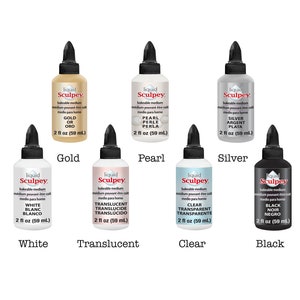 May include: Six bottles of liquid Sculpey baking medium in different colors: gold, pearl, silver, white, translucent, and black. Each bottle is 2 fluid ounces (59 ml).