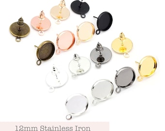 4pcs, 12mm, Stainless Iron Ear Stud Components with earring back - Choose your colour