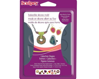 May include: A purple package containing a silicone mold for making jewelry. The mold is designed to create cabochon shapes in various sizes, including round, tear drop, triangle, and donut. The package includes a sample of the jewelry that can be made with the mold.