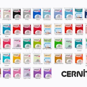 Peut inclure: Une collection de pâtes polymères Cernit de différentes couleurs, chacune dans un emballage étiqueté. Les couleurs incluent le blanc, le noir, le bleu, le rouge, le vert, etc. Le logo Cernit est affiché en bas à droite.