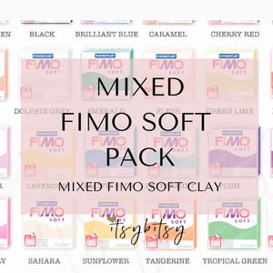 May include: A mixed pack of FIMO Soft polymer clay in various colours, including Apple Green, Black, Brilliant Blue, Caramel, Cherry Red, and Chocolate. The image also shows Cognac, Dolphin Grey, Emerald, Flesh, Green Lime, Indian Red, Lavender, Plum, Purple, Raspberry, Sahara, Sunflower, Tangerine, Tropical Green, and White.