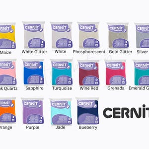 May include: An assortment of Cernit translucent polymer clay in colours such as Maize, White Glitter, White, Phosphorescent, Gold Glitter, Silver Glitter, Pink Quartz, Sapphire, Turquoise, Wine Red, Grenada, Emerald Green, Orange, Purple, Jade, and Bueberry.