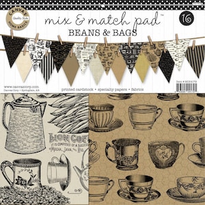 以下が含まれることがあります： コーヒーと紅茶をテーマにした、ミックス＆マッチパッド。さまざまな模様のペナント、コーヒーカップ、ティーポット、コーヒー豆が特徴です。「mix & match pad」と「BEANS & BAGS」の文字が見えます。パッドには「16」と表示されています。