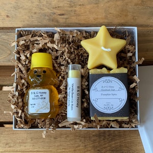Honey, Soap and Candle Gift Box- Raw Wildflower Honey- Lavender Soap-Vanilla Soap- Lip Balm and Star or Heart Candle -Palm Free Soap