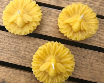 Beeswax Candles - Set of three floating sunflowers with honeybees