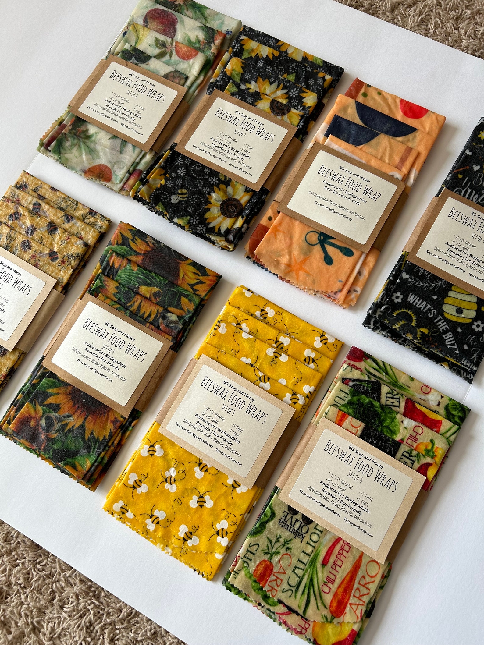 Beeswax Food Wrap Set of 4- Yellow Bee Bread Wrap