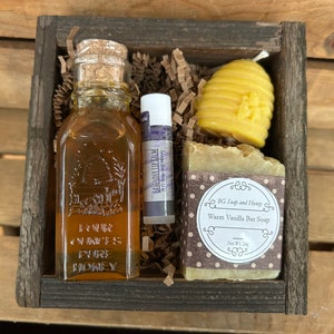 Gift Box Set - 4oz Raw Wildflower Honey Muth - Beeswax Beehive Candle - Warm Vanilla Soap- Beeswax Lip Balm