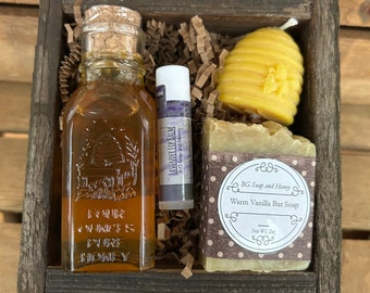 Gift Box Set - 4oz Raw Wildflower Honey Muth - Beeswax Beehive Candle - Warm Vanilla Soap- Beeswax Lip Balm