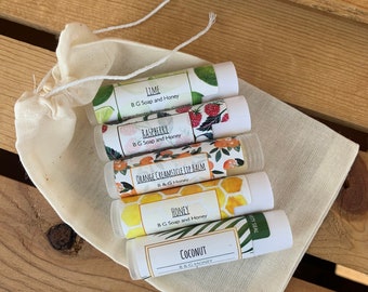 Set of 5 Lip Balms- in a Burlap bag (Buy 4, Get One Free