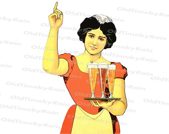Instant PNG Digital Download/Vintage Illustration/The girl with a tray/Vintage waitress/Glasses with beer/Vintage Lady/Vintage Women