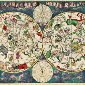 Vintage Old Map Planisphæri Cœleste/Image Download Retro Style Design/Zodiac Signs/Map of the Zodiac/Resource Old Map Digital Prints/