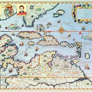 Mapa antigo vintage das ilhas do Caribe e Flórida/Download de imagem Design de estilo retrô/Recurso Impressões digitais de mapas antigos/Theodor de Bry/1500º