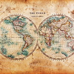 Mappa del vecchio mondo d'epoca/Download di immagini Design in stile retrò/Risorse Stampe digitali di vecchie mappe/Il mondo in emisferi/1800