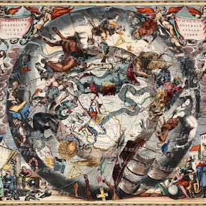 Vintage ancienne carte/Image à télécharger rétro Style Design/signes du zodiaque carte/ressource ancienne carte impressions numériques/carte scénographie du Sud Cellarius/1661