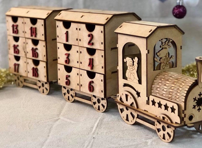 Wooden Train Christmas advent calendar countdown DIY puzzle Kit Cute image 1