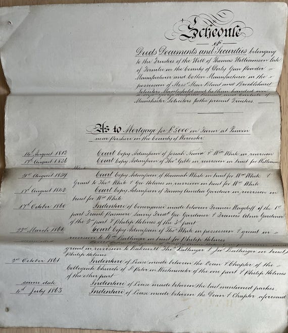 Large Vintage Multipaged Handwritten 1904 Schedule Of Deeds Documents.