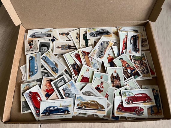Box Of Vintage Cigarette Cards, Military, Royalty, Football, Cars, 1930s Cards Ideal For Craft Use.