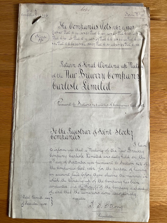 Rare Carlisle Documents 1900 Return Of Final Winding Up Meeting Of The New Brewery Conpany Carlisle Limited.