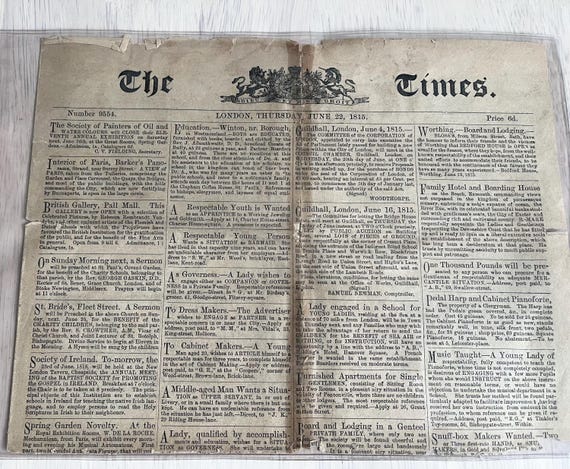 1815 The Times ( Battle Of Waterloo Article) Rare Edition June 22nd 1815.