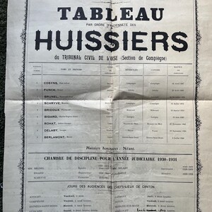 May include: A vintage French document titled "Tableau" from 1930-1931, listing "Huissiers" (bailiffs) of the Tribunal Civil de l'Oise. The aged paper has a decorative border and includes names, residences, and dates. The text is in French.