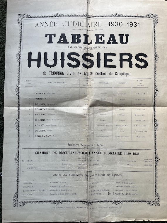 Vintage French Poster Tableau Huissiers Which Translates To Official Register Or Roll Of Bailiffs 1930/31 Measures 56 x 42cm.