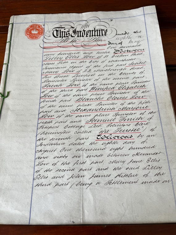 Vintage 1912 Indenture Spread Over 10 Pages Bound With Green String.