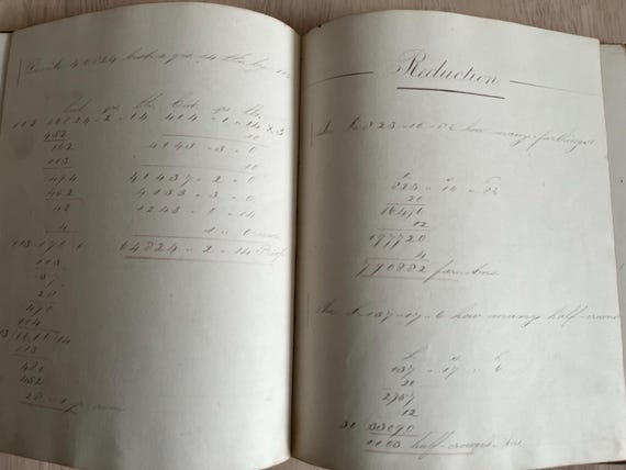 Vintage Victorian 1882 Handwritten Mathmatics Book Belonging To Matilda Pearce, 50 Pages 100 Sides Filled Measuring 24.5 x 19.5cm.