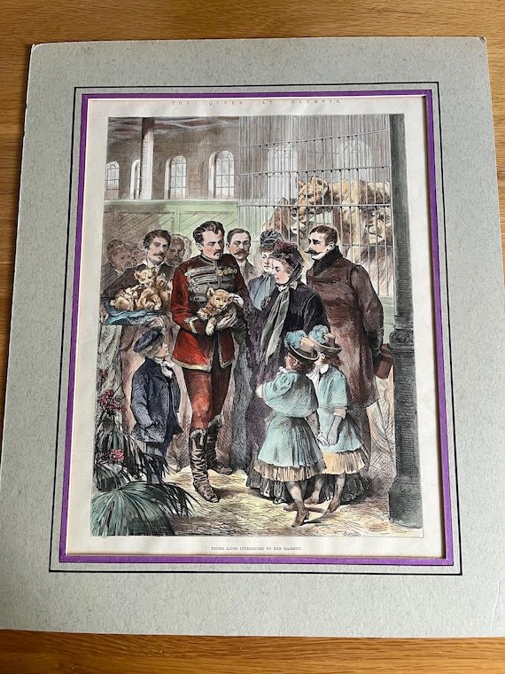 Large Vintage Victorian Framed 1886 Hand Coloured Wood Engraving, The Queen At Olympia,  45 x 37cm.