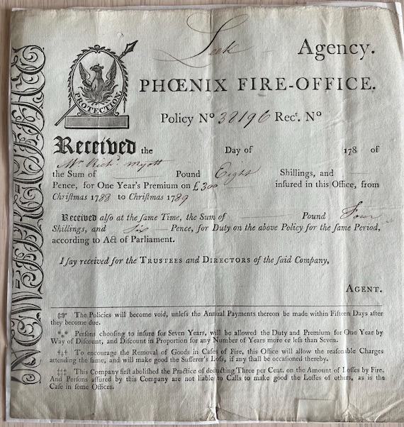 Rare 1780s Phoenix Fire  Office Agency Certificate.