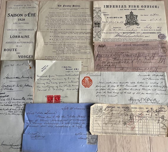 Collection Of Vintage Ephemera, Victorian Telegram, Fire Office Reciept, Railway Bill, Faraday Society Document, French Brochure.