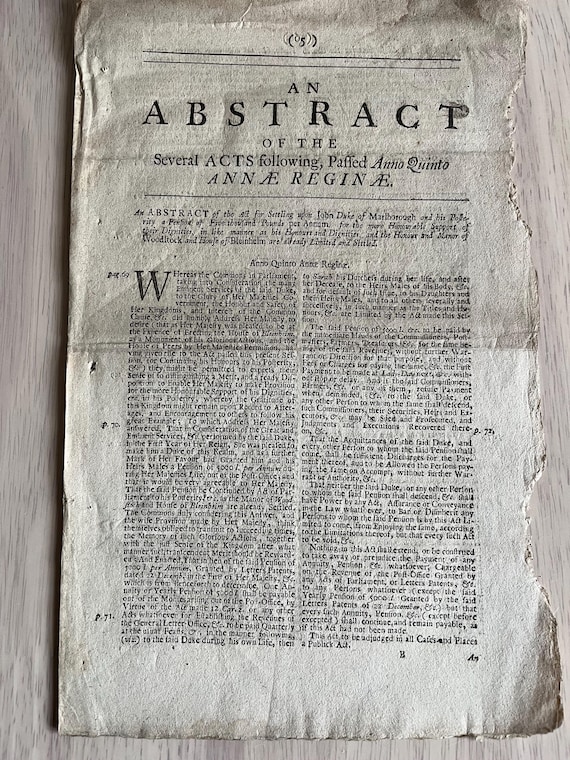 Rare Queen Anne 1707 Abstract Pages.