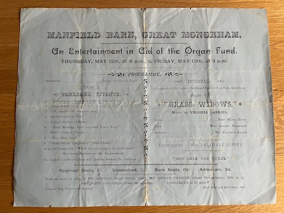 Vintage 1890s Programme For Entertainment In Aid Of The Organ  Fund Manfield Barn, Great Mongeham.