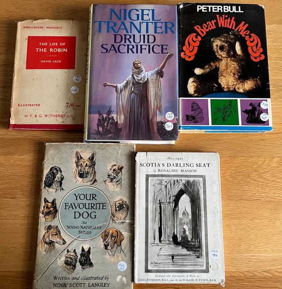 Collection Of 5 Vintage 1st Edition Books, Bear With Me, The Luce Of The Robin, Scotias Darling Seat, Your Favourite Dog And Druid Sacrifice