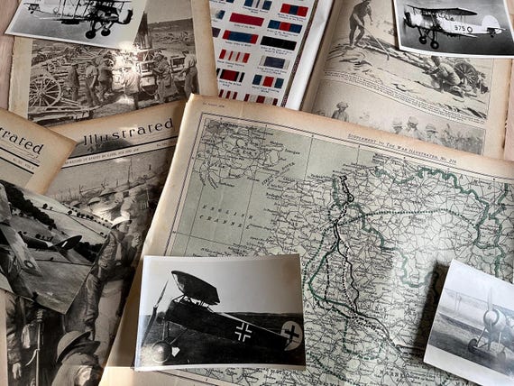 WW1 Related Magazines Plus 1918 Westen Front Map And Vintage Military Plane Photographs.