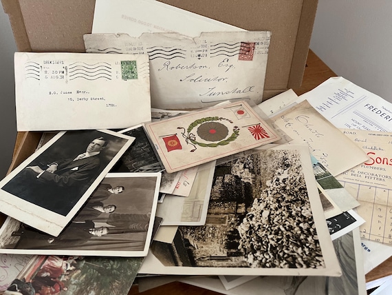 A4 Box Full Of Vintage Ephemera Clear Out, Photos, Letters, Invoices, Postcards .