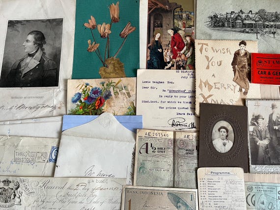 Collection Of Various Vintage Ephemera Victorian And Later, Including Victorian Letter, Pressed Flower Card, Clear Out.