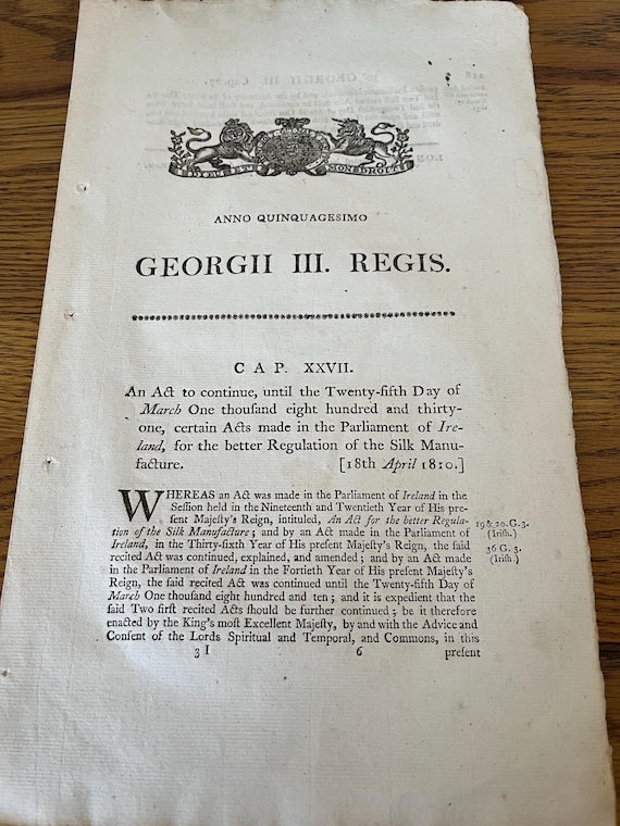 George III 1810 Act Made In The Parliament Of Ireland For The Better Regulation Of The silk Manafacture Document.