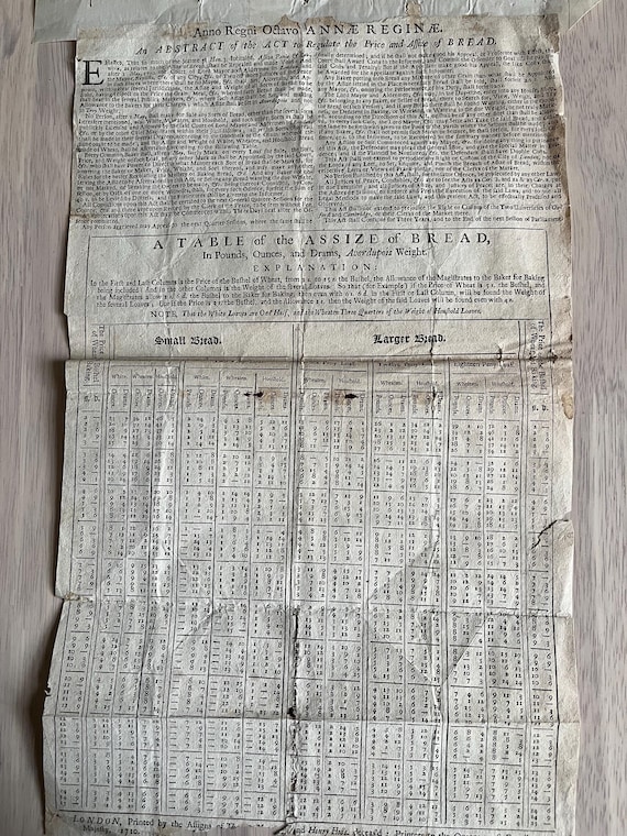 1710 Queen Anne Rare Table Of The Assize Of Bread Document.