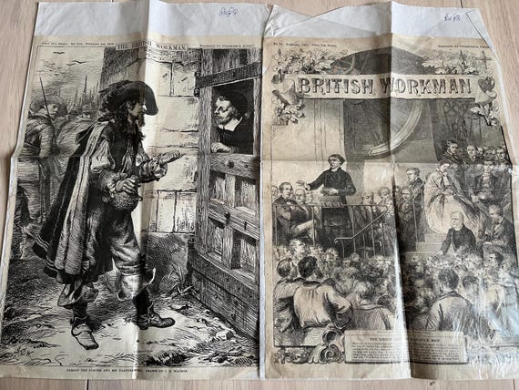 Large Victorian Illustrations The British Workman 1861/65 The Bishop & The Railway Men / Parley The Porter.