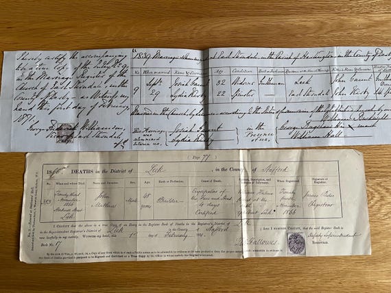 Rare Early Victorian Marrige And Death Certificates 1839/66.