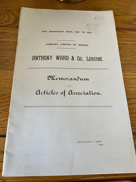 Anthony Ward & Co. Limited Memorandum And Articles Of Association The Companies Acts 1862 To 1900 Booklet With 25 Pages.