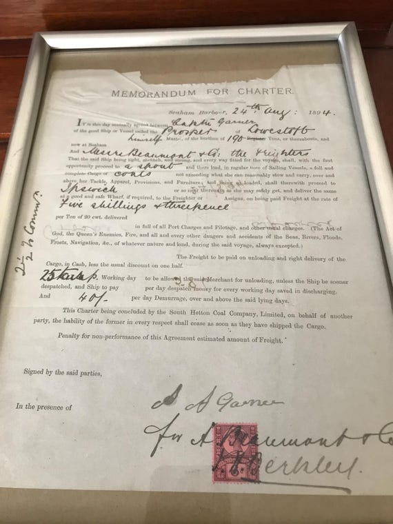 Rare Seaham Harbour 1894 Memorandum for Charter Vintage Document.